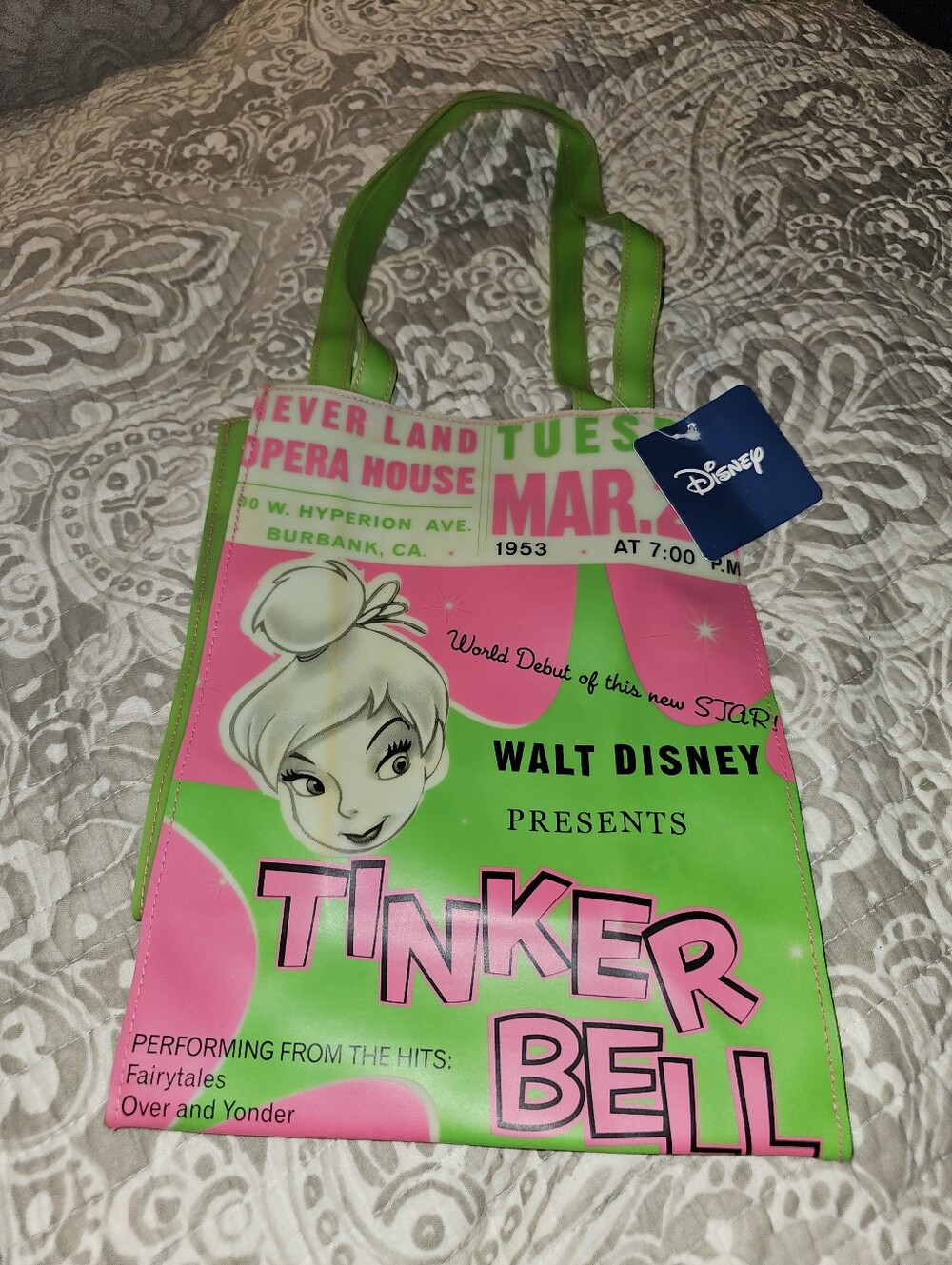 Disney Tinker Bell Tote Bag NWT Neon Green Pink Shopper Purse Never Land Opera